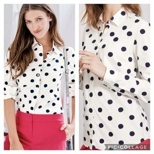 Boden Classic Shirt Blue & White Polka Dot Button Down Blouse Size 0